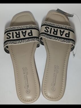 Golden Road New York "PARIS" Embroidered Canvas Slide Sandals - Beige Size 9